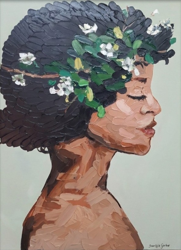 Woman with flower crown painting