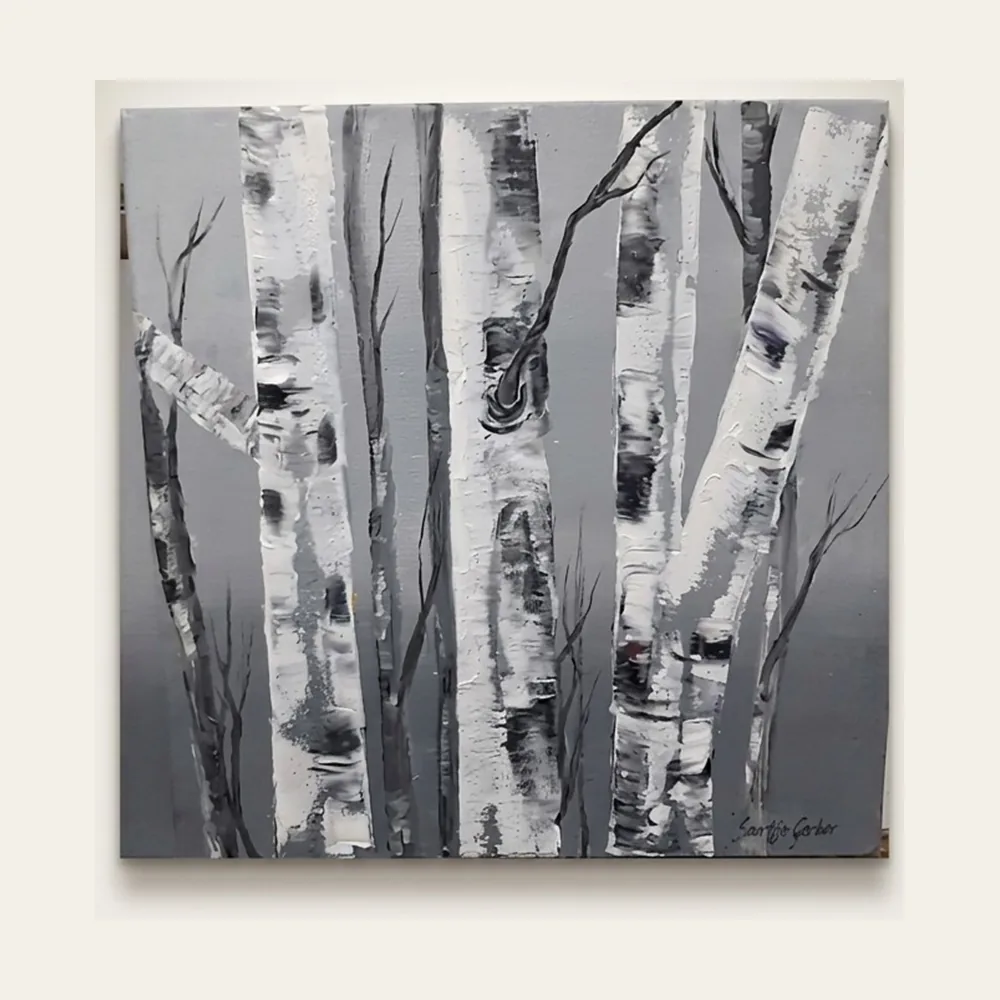 Birch Stand — a grove of white birch trunks worked in textured grey and white impasto.
