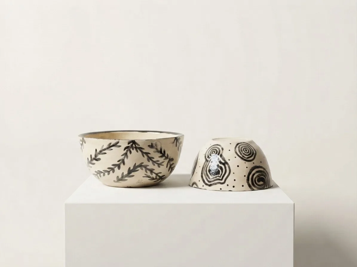 Botanical Bowls — a pair of hand-painted cream bowls with black leaf sprigs and concentric spirals