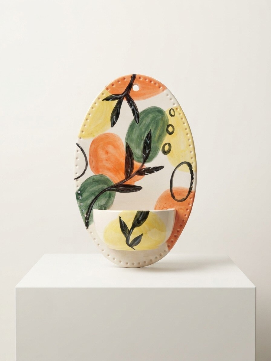 Citrus Wall Pocket — an oval ceramic wall vase hand-painted with oranges, lemons and green leaves