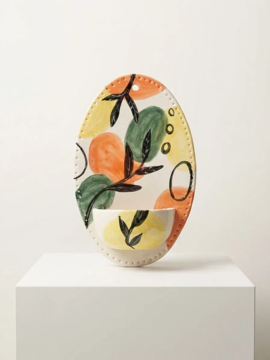 Citrus Wall Pocket — an oval ceramic wall vase hand-painted with oranges, lemons and green leaves