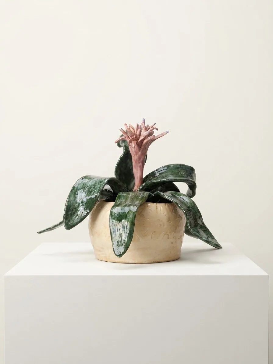 Bromeliad Planter — a low sand-glazed pot holding a hand-modelled ceramic bromeliad with green leaves and a pink flower spike.
