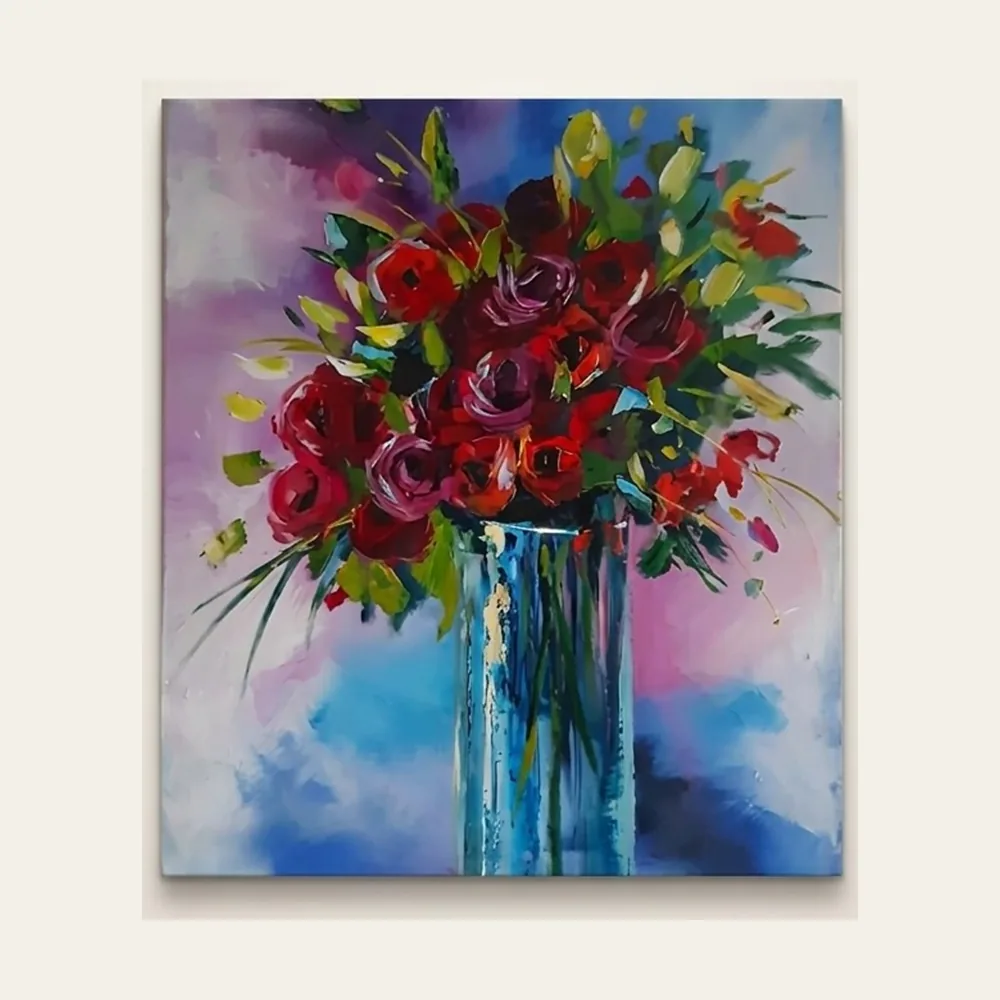Crimson Bouquet — deep red roses and buds in a tall glass vase against a blue and violet wash.