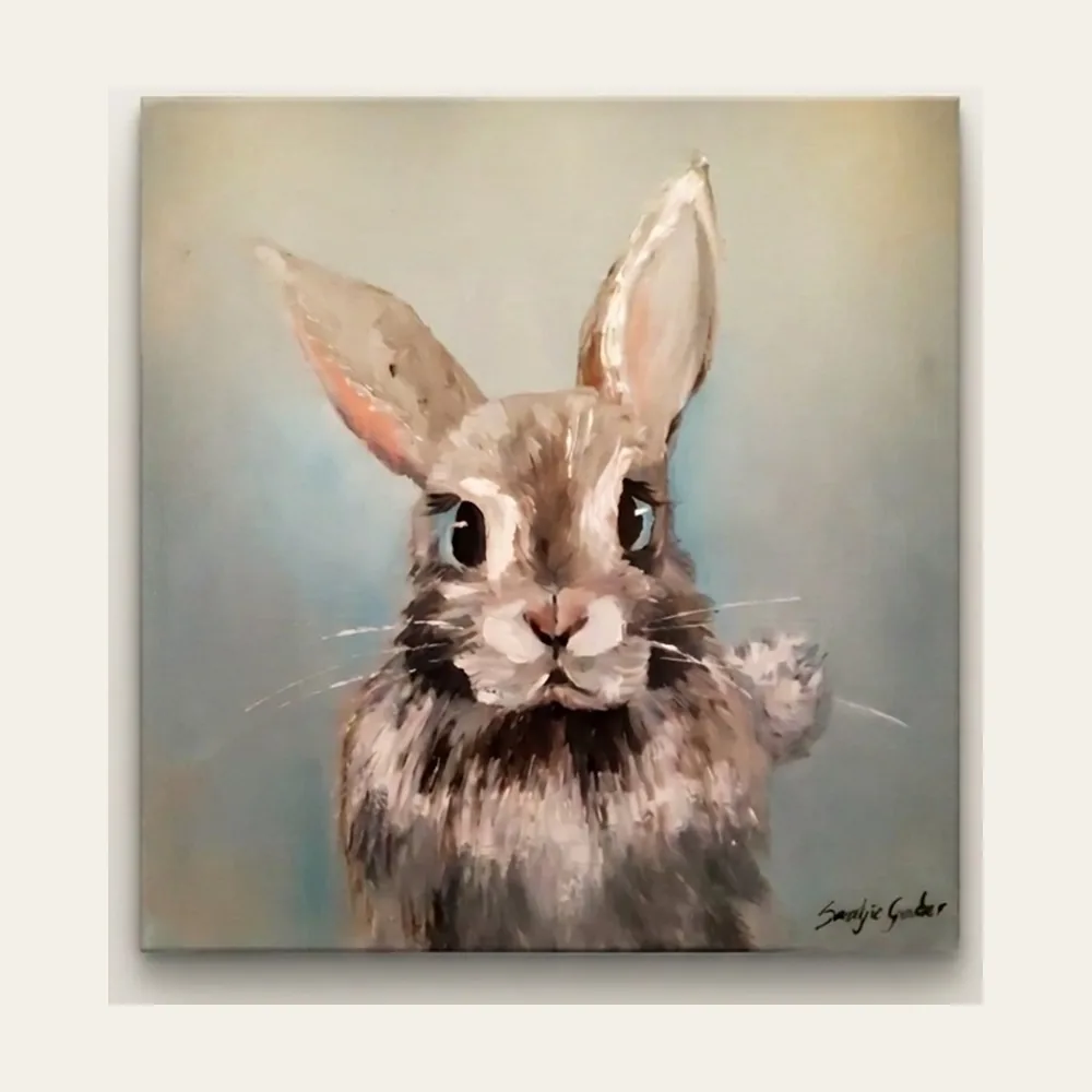 Hare, Alert — a wild hare facing forward with both ears raised, against a soft blue-grey ground.