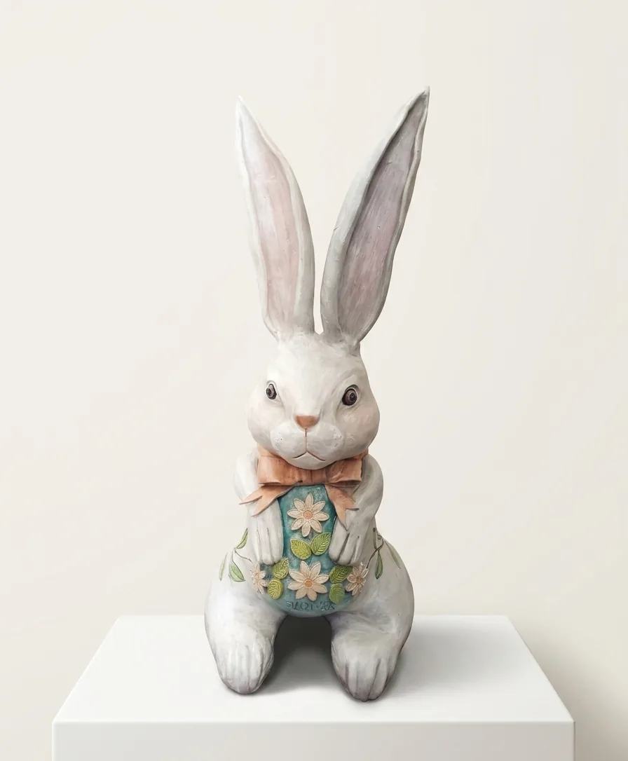 Hare in a Waistcoat — a tall white ceramic hare in a flowered waistcoat and bow tie, on a white plinth.