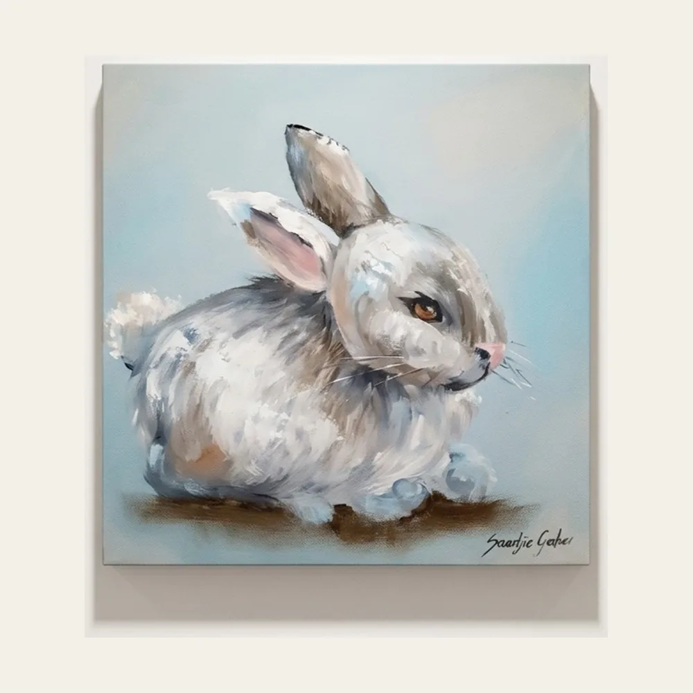 Hare at Rest — a crouching grey and white hare with one ear folded, on a pale blue ground.