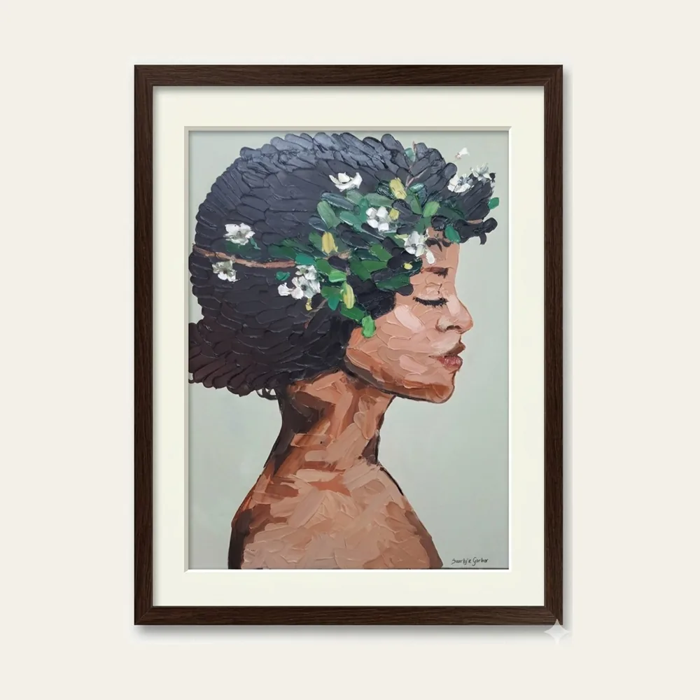 Jasmine Crown — a woman in profile with white blossoms set into her hair, worked in palette-knife oil and framed under a mount.
