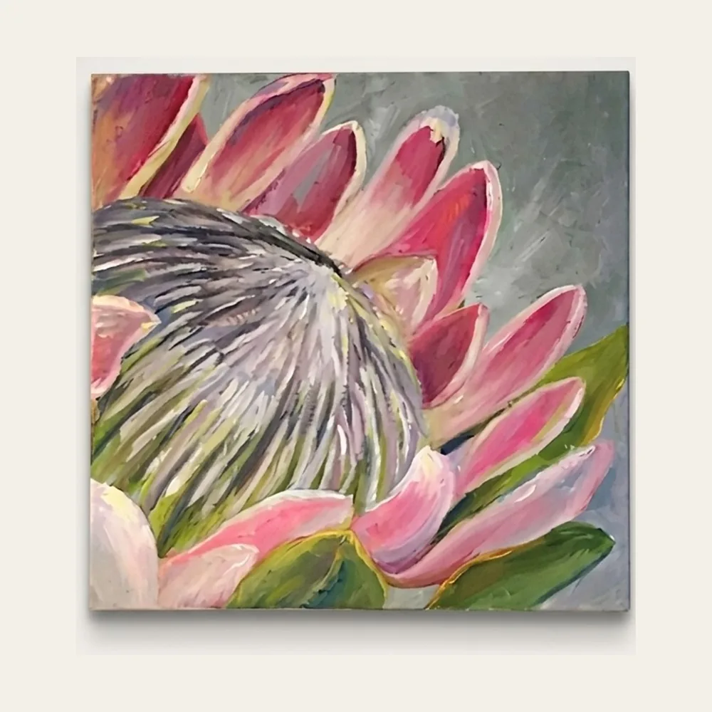 King Protea — a pink and silver king protea in close-up, painted in thick impasto oil.