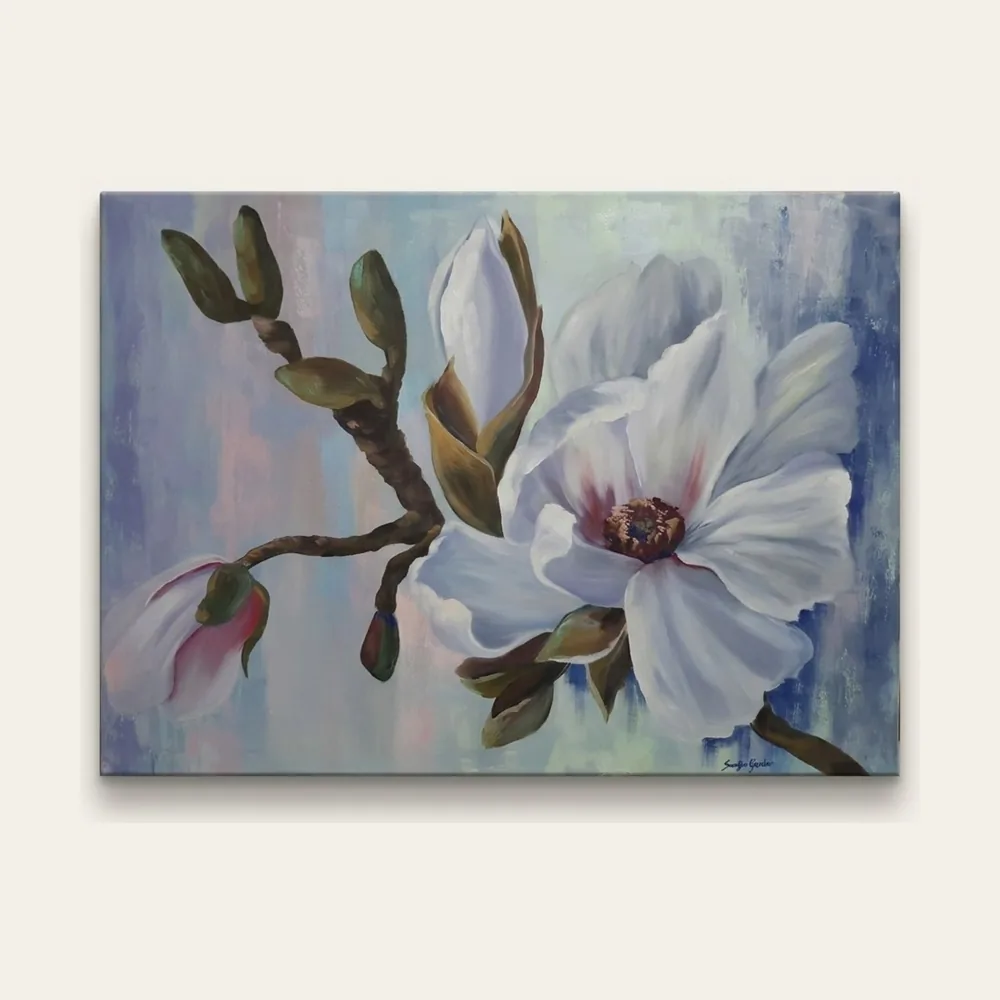 Magnolia — a white magnolia bloom and buds on a branch, painted in oil against a blue and lilac ground.