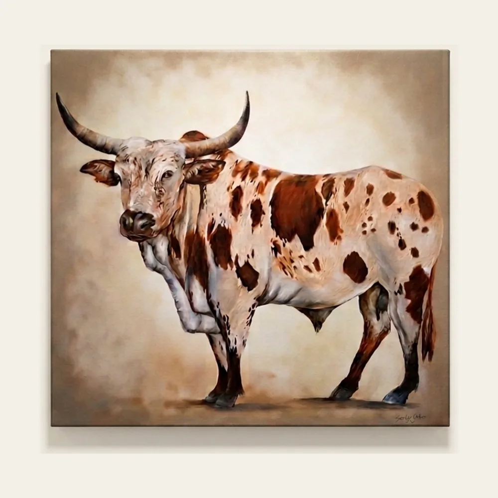 Nguni Bull — a long-horned Nguni bull in red-brown and white, painted on a warm sand-coloured ground.