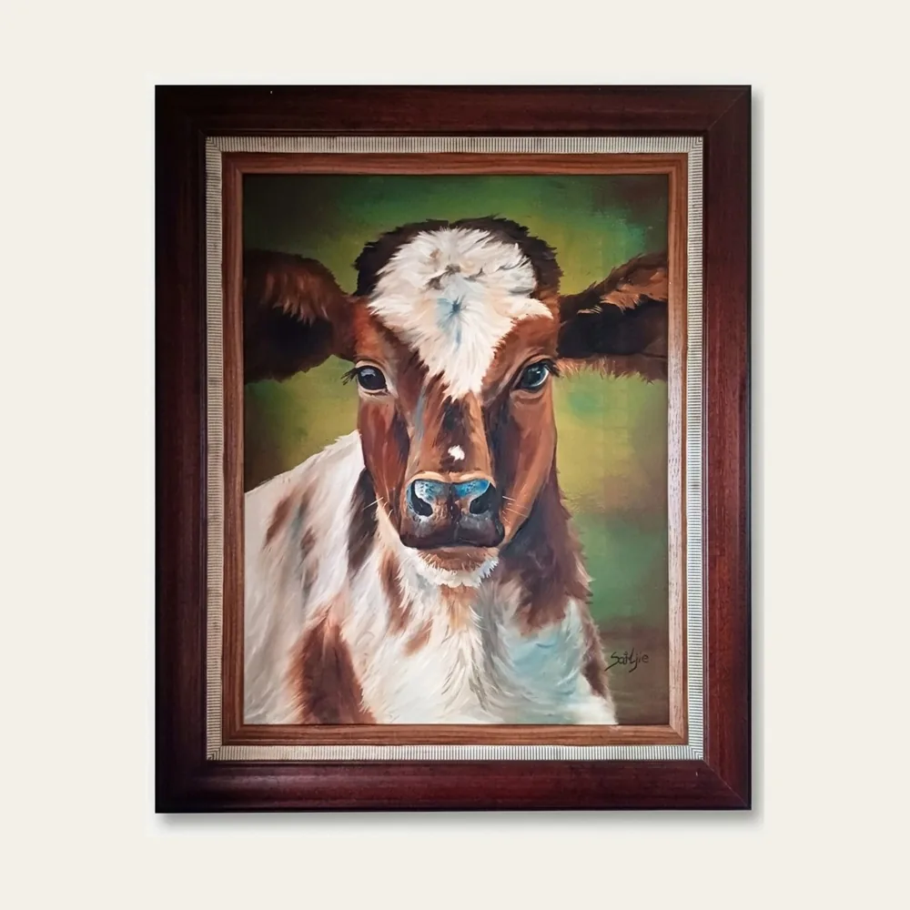 Nguni Calf — head study of a red-and-white Nguni calf against a green ground, in a dark timber frame.
