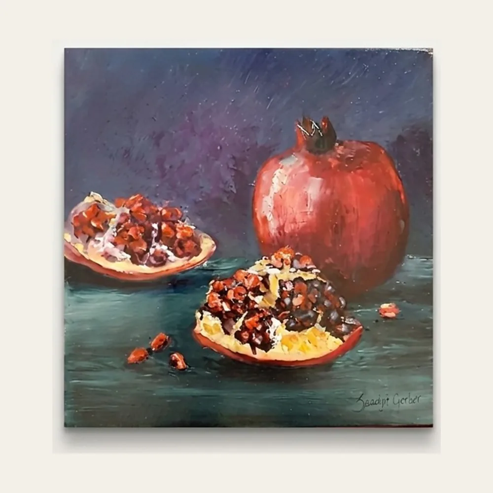 Pomegranate — a whole pomegranate and two split halves on a teal surface against a plum ground.