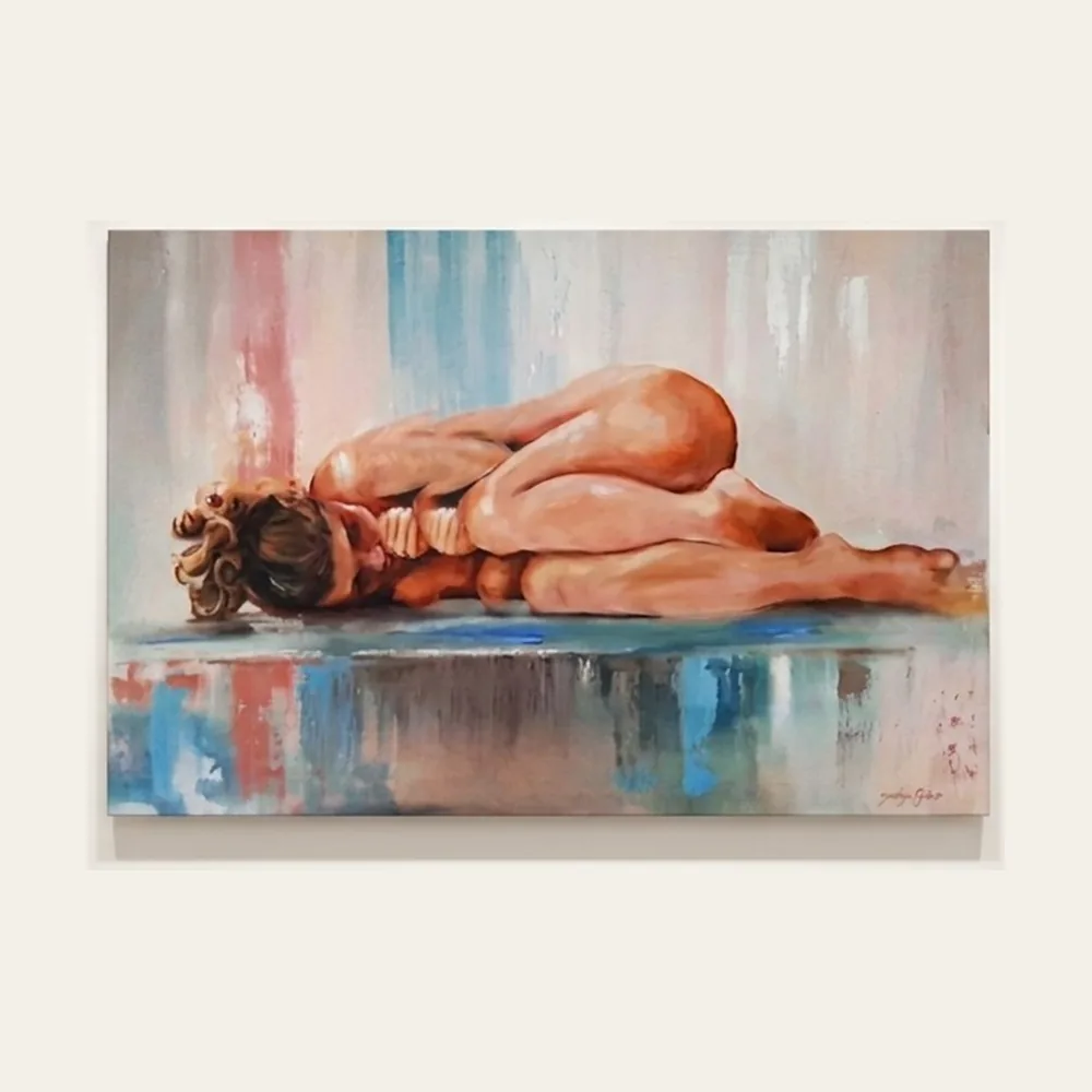 Reclining Figure — a curled reclining nude on a reflective floor, over a pink and blue abstract ground.