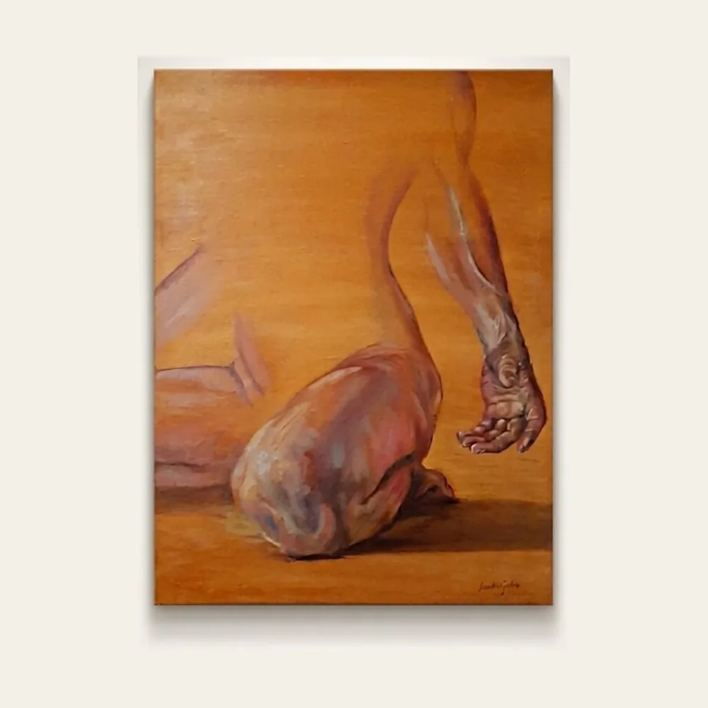 Repose in Ochre — a figure study of a bowed head and outstretched arm, painted entirely in warm ochre tones.