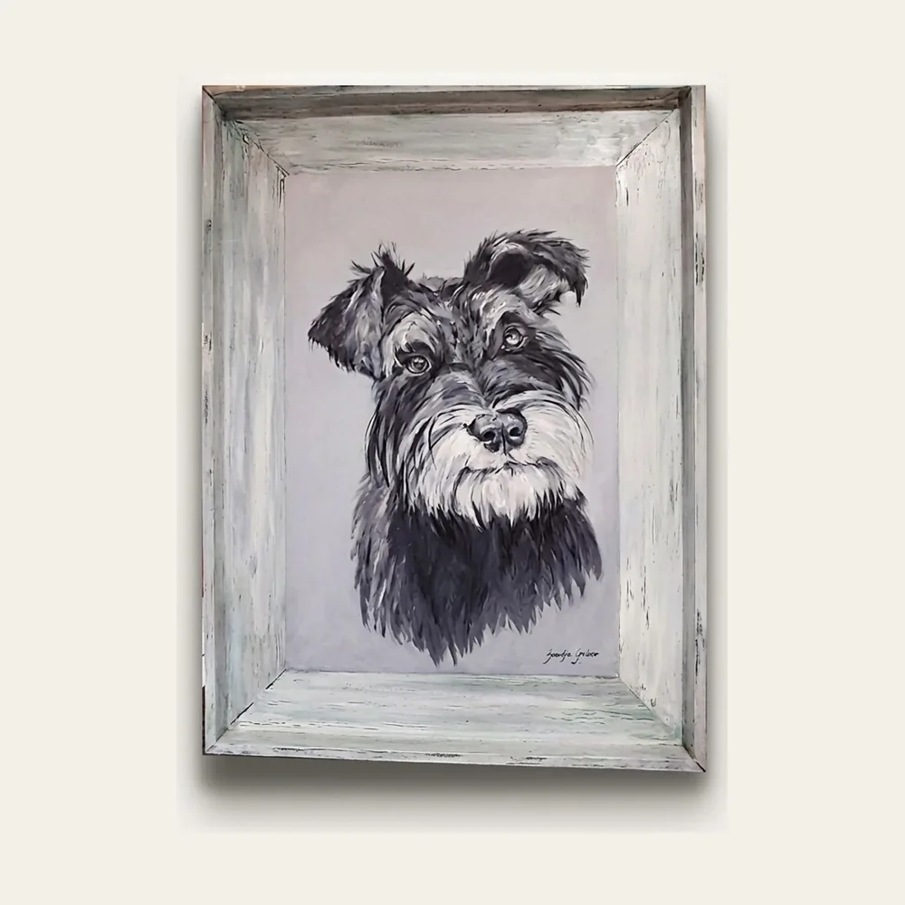 Schnauzer — a monochrome portrait of a schnauzer tilting its head, in a distressed whitewashed frame.