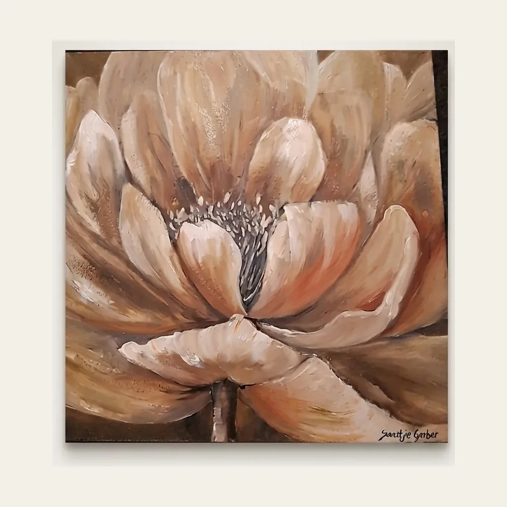 Sepia Bloom — a single oversized flower head painted in soft sepia, cream and rust tones.