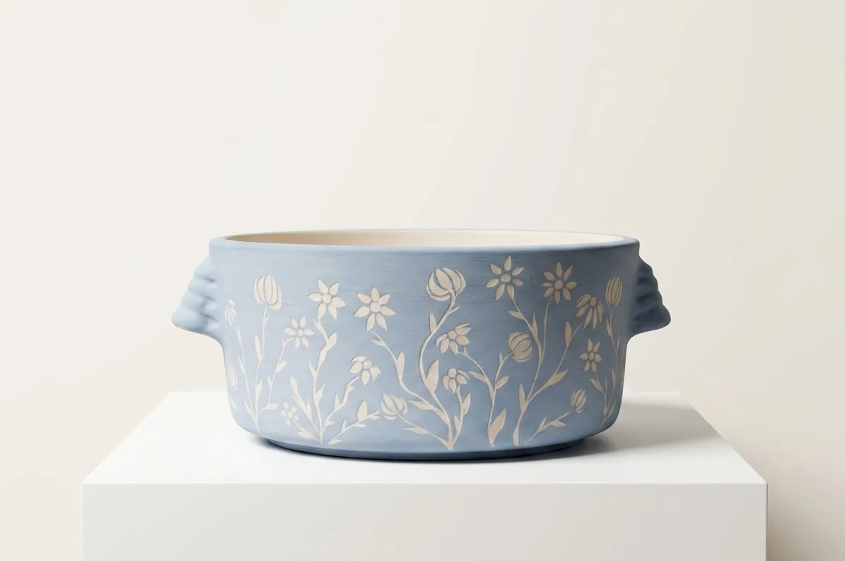 Sgraffito Bowl — a powder-blue serving bowl with lug handles and cream wildflowers carved through the glaze.