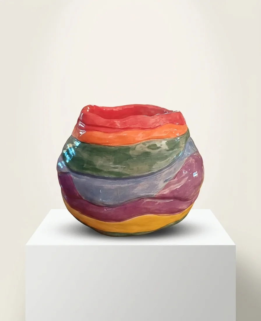 Strata Bowl — a rounded coil-built bowl glazed in bands of red, orange, green, violet and yellow.