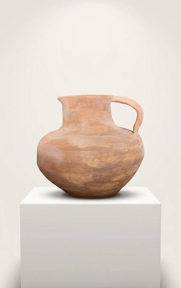 Terracotta Pitcher — an unglazed terracotta pitcher with a rolled handle and pouring lip, on a white plinth.