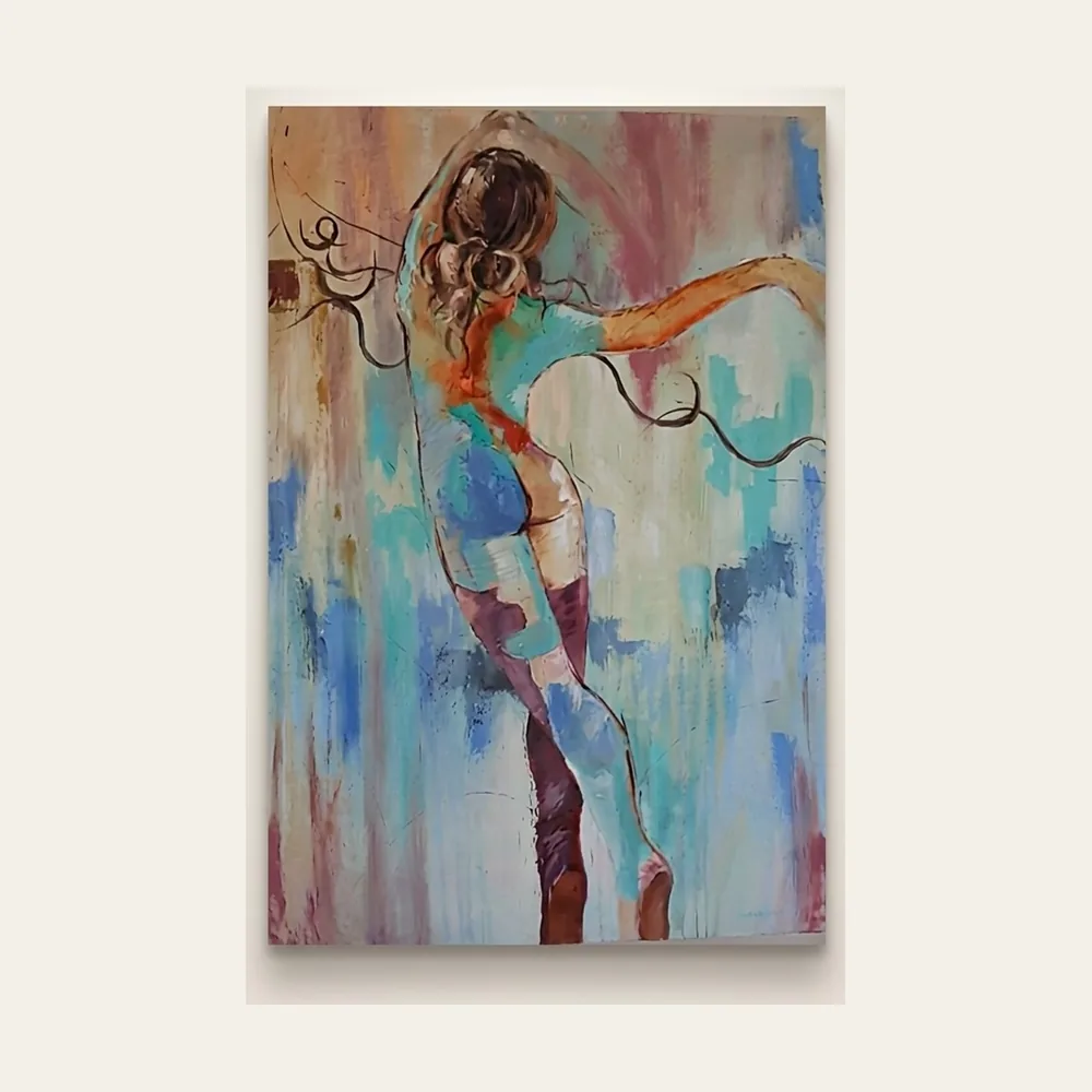 The Dancer — a dancer seen from behind mid-turn, painted over a teal, blue and rose abstract ground.