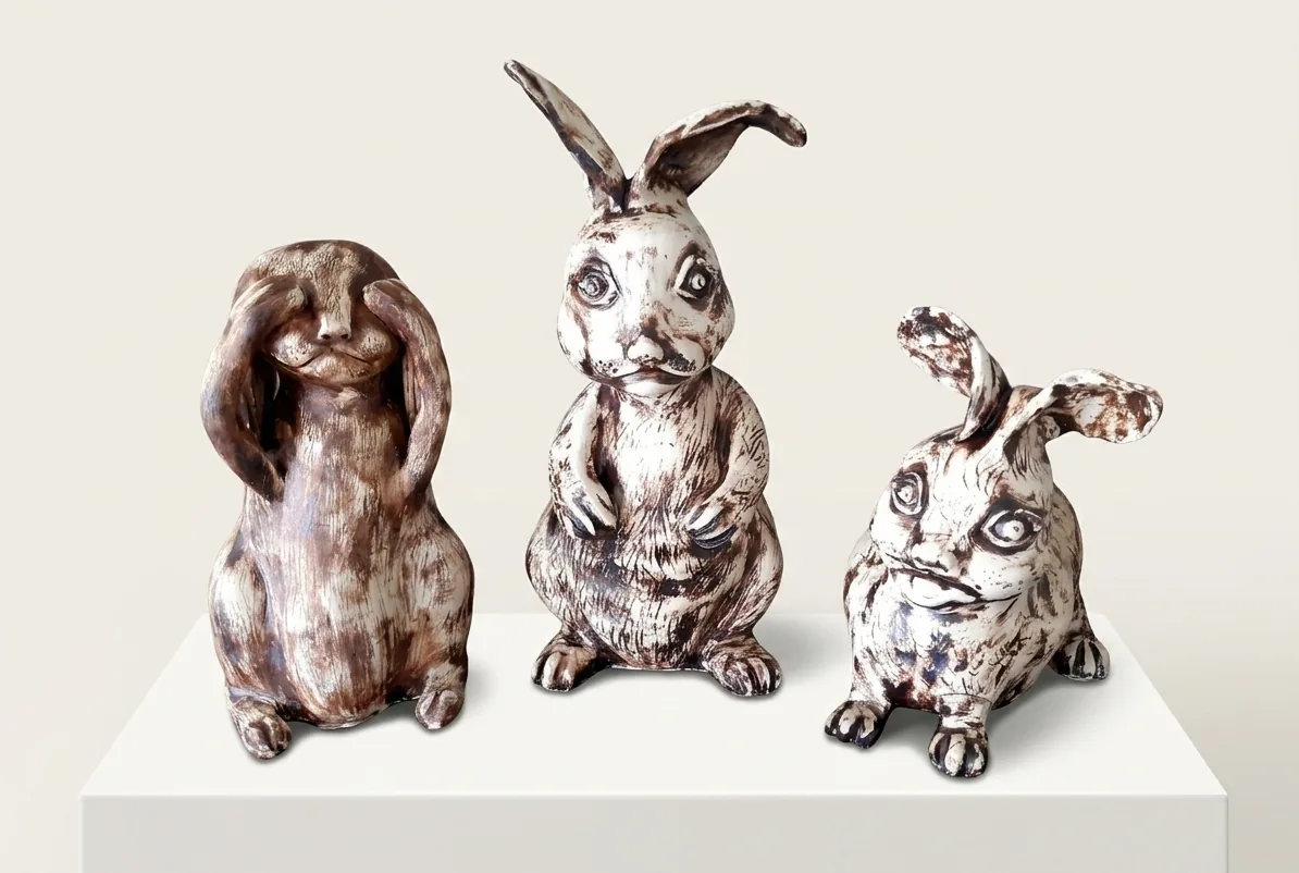 Three Hares — three seated ceramic hares in a mottled brown and cream glaze, grouped on a white plinth.