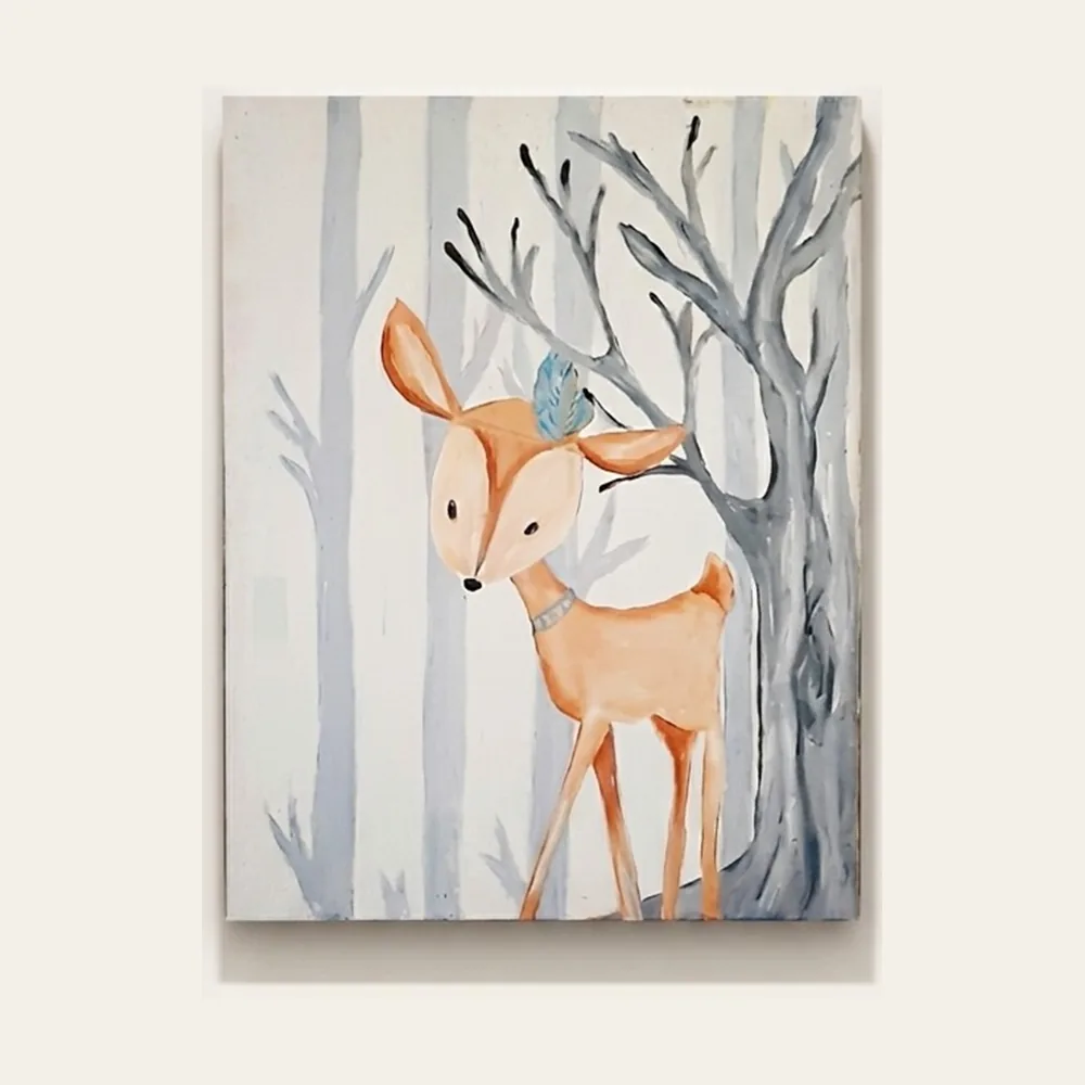 Woodland Fawn — a soft-toned fawn wearing a feather headband among pale grey birch trees.