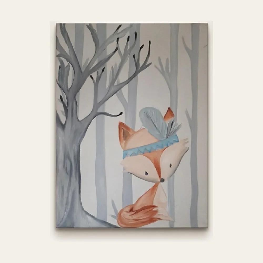 Woodland Fox — a seated fox in a blue feather headband among pale grey birch trees.