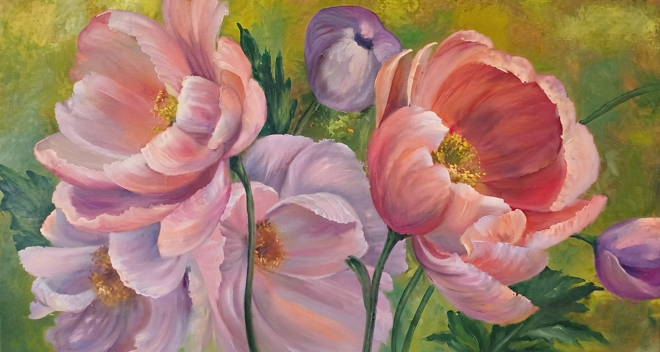 Poppies and peonies painting by Saartjie Gerber