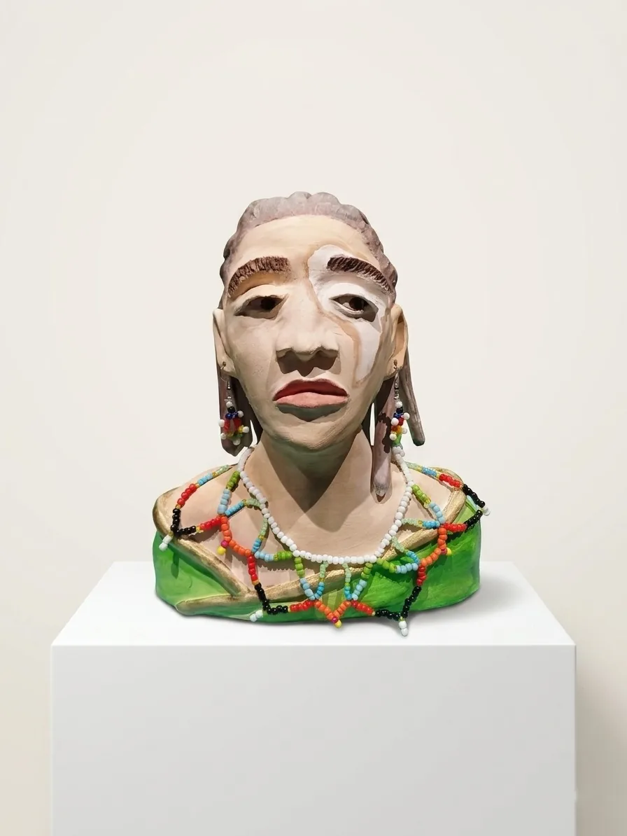 Beaded Bust — hand-built ceramic bust wearing strung glass-bead necklaces